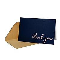 Thank You Cards - Blank 50 Pack Navy Blue Matte Finish Cards with Rose Gold Foiled 