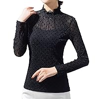 Women's Mesh Tops Elegant Long Sleeve Casual Stretchy See Through Polka Dot Blouses Fashion Work Chiffon Shirts