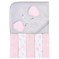 Unisex Baby Hooded Towel and Five Washcloths, Pink Elephant, One Size