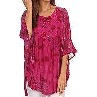 Sakkas Cleeo Long Wide Tie Dye Lace Embroidered Sequin Poncho Blouse Top Cover Up