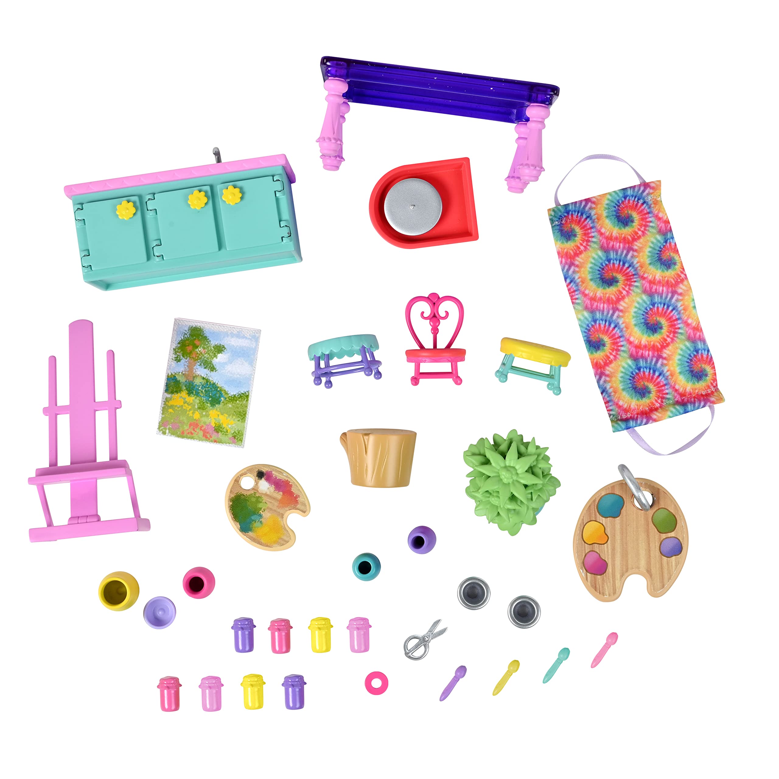 Sunny Days Entertainment Honey Bee Acres Rainbow Ridge Sunburst Art Studio – 50 Furniture Accessories with Exclusive Unicorn Figure | Light Up Dollhouse Playset | Pink Pretend Play Toys for Kids