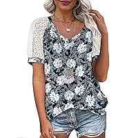XIEERDUO Womens Lace Short Sleeve Blouses V Neck T Shirt Dressy Casual Tops