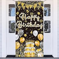 3x6ft Black Gold Birthday Door Banner Glitter Sequin Happy Birthday Background Cake Balloons Gifts Backdrops Girl Boy Men Women Bday Celebration Party Decor