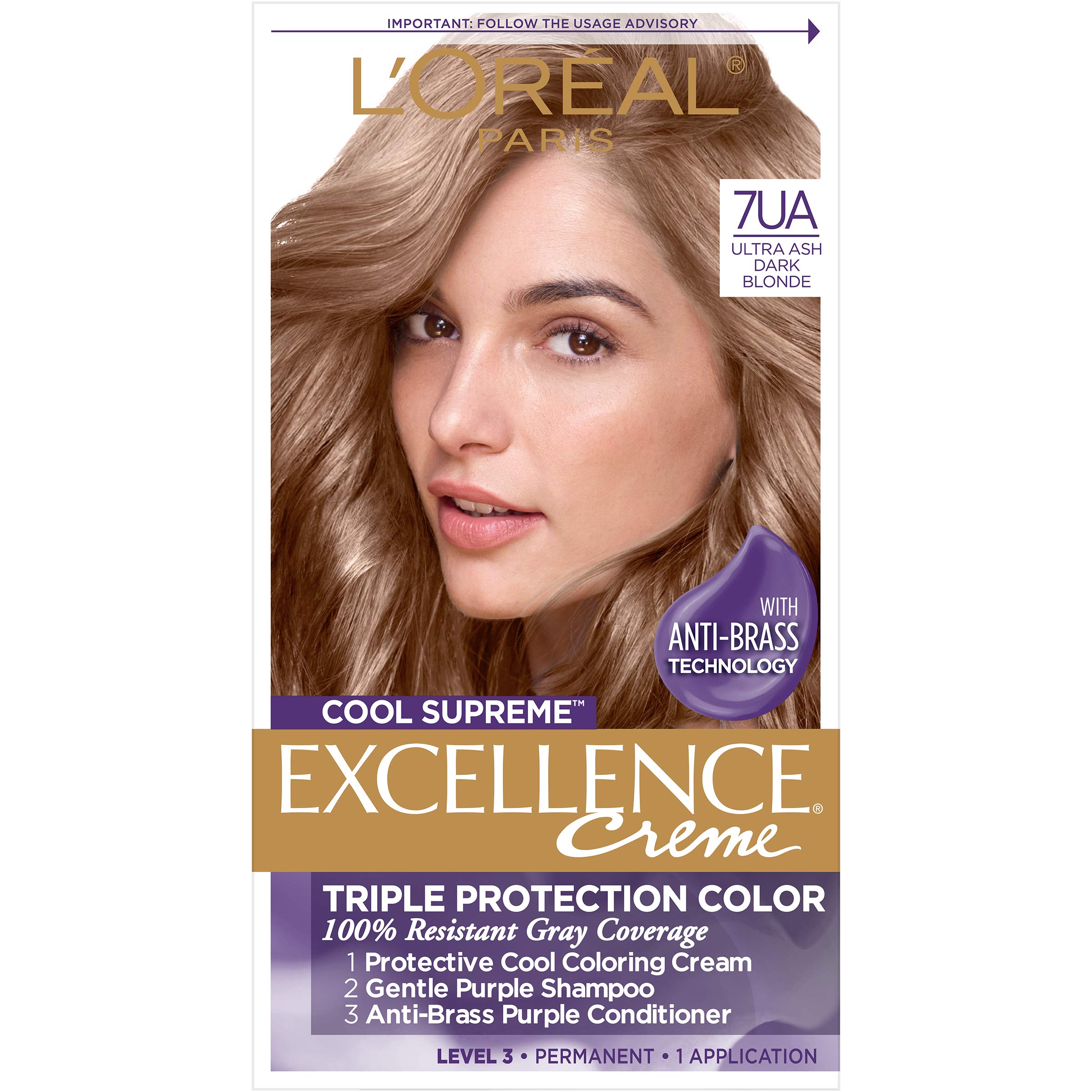 L'Oreal Paris Excellence Cool Supreme Permanent Hair Color, Ash, 100 Percent Gray Coverage Hair Dye, Anti-Brass regimen includes gentle shampoo, and an anti-brass conditioner