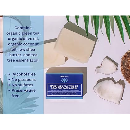 Heyedrate Tea Tree Oil Face Soap and Eyelid Scrub - Handmade with Organic Ingredients (1 Pack) [Packaging May Vary]