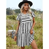 Dresses for Women - Geo Print Butterfly Sleeve Ruffle Hem Smock Dress (Color : Black and White, Size : Large)