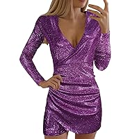 Women Trendy Sequin Dresses Sexy V-Neck Long Sleeves Glitter Fitted Elegant Cocktail Evening Party Wedding Guest Dress
