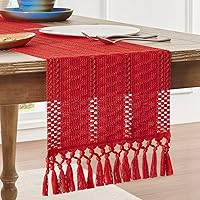 Macrame Style Boho Table Runner, Red Table Runners 90 Inches Long, Farmhouse Woven Home Decor, 12x90 Inch, Red