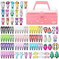80Pcs Girls Hair Clips Barrettes,1Pc Plastic Art Box for Kids,Funtopia Animal Fruit Printed Pattern Metal Snap Hair Clips Hairpins for Kids Teens Pets,Portable Storage Box/Sewing Box/Tool Box for Kids