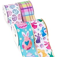 Ribbli Easter Ribbon Wired-Easter Pastel Bunny Easter Eggs Colorful Plaid Burlap Ribbon 2 Inch Total 60 Feets(20 Yards) 4 Rolls Spring Ribbon for Crafts Wreaths Wrapping Outdoor Decor