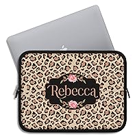 Custom Name Beige Leopard & Roses Laptop Sleeve Designed for MacBook Pro/Air & iPad Tablets, 7, 10, 13, 15, 17 Inch, Personalized Lenovo, HP, Acer, Dell Notebook Computer Bag Case