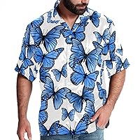 Blue Watercolor Butterfly Men Casual Button Down Shirts Short Sleeve