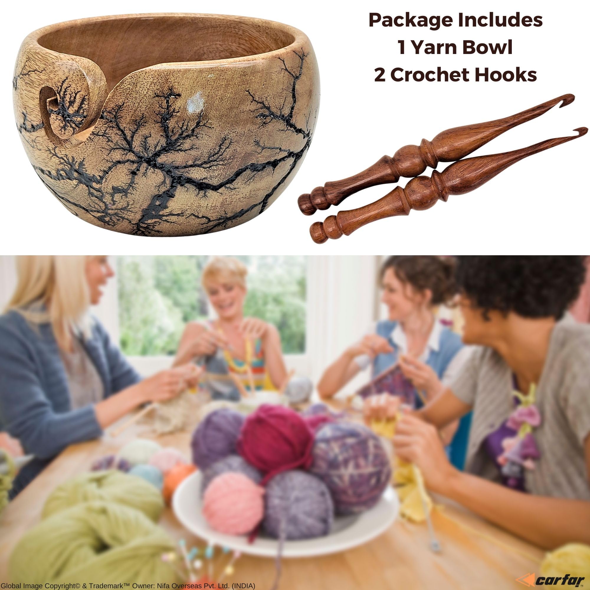 Carfar Knitting Yarn Bowl & Crochet Hooks Set Handmade Wooden Black Texture Yarn Bowl for Crocheting and Knitting
