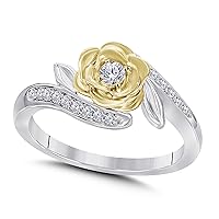 14K Two-Tone Gold Finish Round Cut White Cubic Zirconia Pink Rose Flower Design Fashion Ring Women's Jewelry