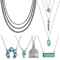 WAINIS 6PCS Western Necklaces for Women Layered Navajo Pearl Necklace Turquoise Cow Lightning Horseshoe Pendant Necklace Cowgirl Boho Jewelry Set