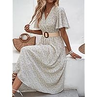 Fall Dresses for Women 2023 All Over Floral Print Butterfly Sleeve Dress Without Belt Dresses for Women (Color : White, Size : Large)