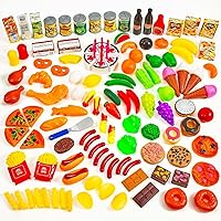 Kids Play Food Set - 130 Piece Pretend Play Food Collection - Assorted Fake Food Set Includes Fruits Vegetables Snacks Dessert Juices Canned Goods and More for Boys and Girls