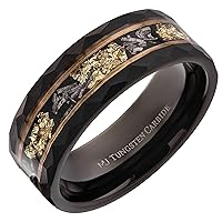 Custom Engraved Tungsten Carbide Hammered 8mm Black Plated Wedding Band with Gold Foil Flecks Inlay Ring