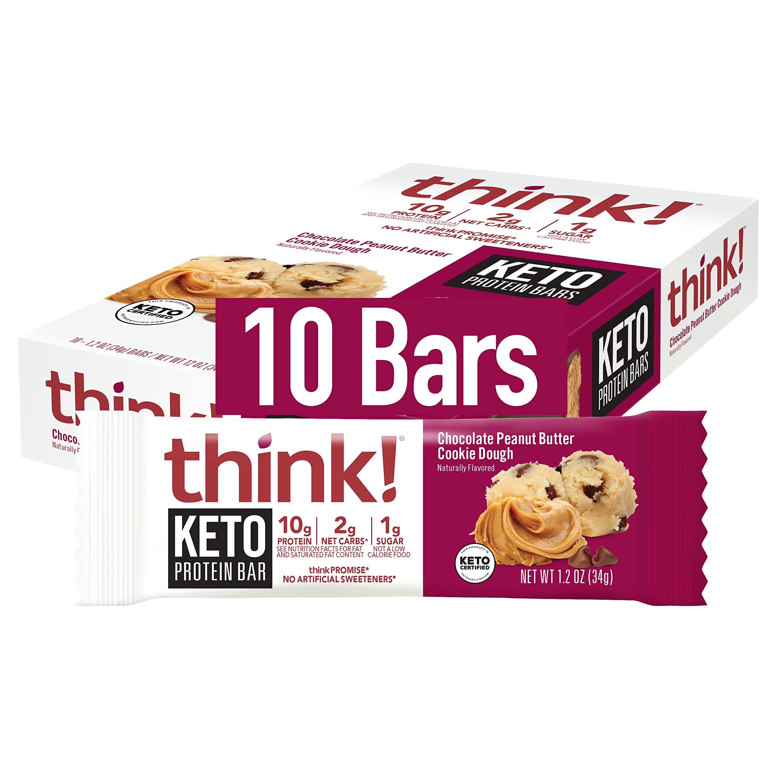 think, Keto Protein Bars, Healthy Low Carb, Low Sugar, Gluten Free Snack with No Artificial Sweeteners, 3G Net Carbs & 10G of Whey Protein - Chocolate Peanut Butter Cookie Dough (10 Count)