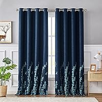 Melodieux Flower Embroidery Linen Textured Blackout Curtains for Living Room Bedroom Silver Grommet Window Drape, Navy/Blue, 52 by 84 Inch (1 Panel)