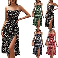 Women Summer 2024 Trendy Floral Midi Dresses Sleeveless Ruched Bust High Waist Casual Dress Sundress Long Dresses Slit Cami Dress Spaghetti Strap Polka Dot Floral Tank Dress