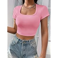 Women's T-Shirt Scoop Neck Crop Tee T-Shirt for Women (Color : Pink, Size : Medium)