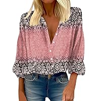 Athletic Plus Size Tunic Tops for Women Elegant 3/4 Sleeve Print Loose Fit Shirts Casual Button Down Soft Blouses