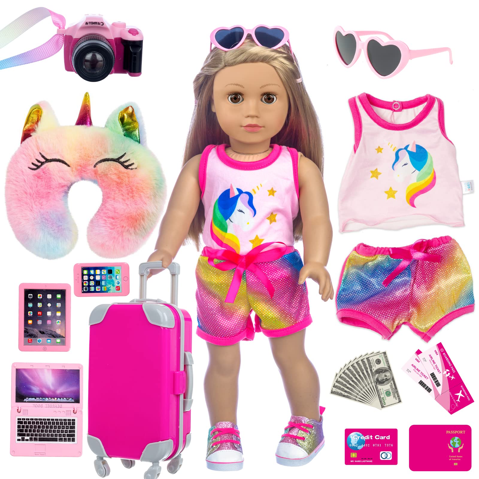 XFEYUE 23 Pcs 18 inch Doll Clothes and Accessories - Suitcase Luggage , Pillow, Sunglasses, Camera, Passport, Mobile Phone , Computer Doll Travel Gear Play Set Fit 18 inch Girl Doll (No Doll)