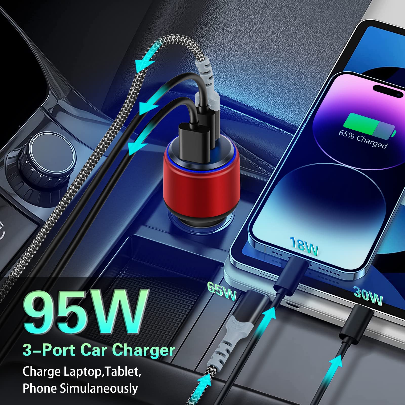 USB C Car Charger【95W 3-Port】 Super Fast Type C Car Charger Adapter with 6FT USB C to C Cable Compatible with iPhone 13 Pro/Samsung S22,iPad MacBook Pro Air Laptop Cigarette Lighter USB Charger Red