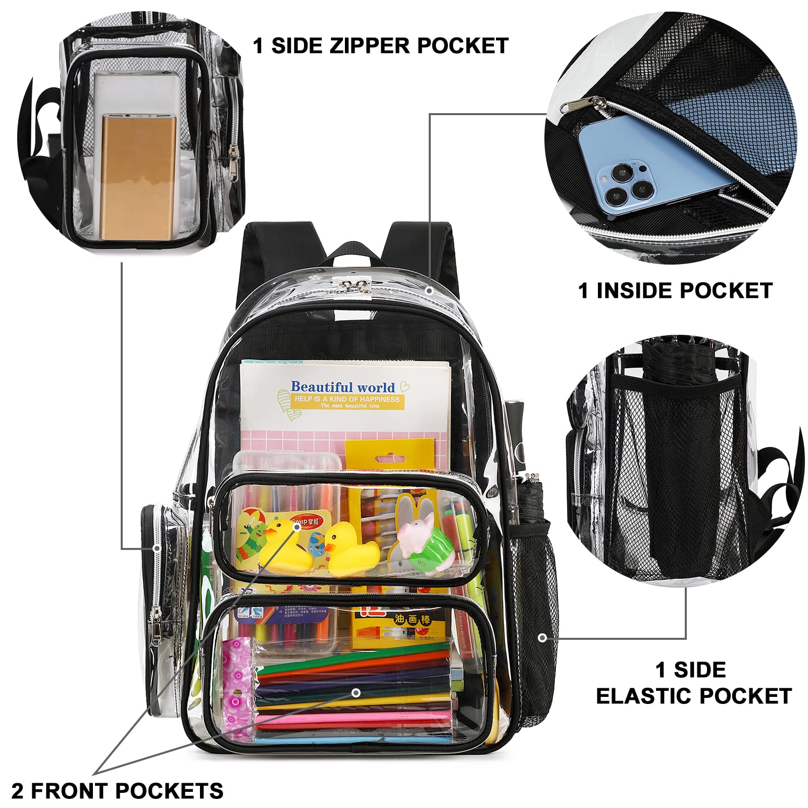 CAMTOP Clear Backpack Heavy Duty Transparent Bag See Through BookBag for Student School Work Festival Sport Travel (Black)