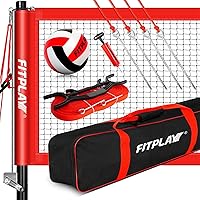 FITPLAY Professional Volleyball Net Set with Anti-Sag System,3 Height Adjustable Steel Poles,PU Volleyball,Pump,Boundary Line and Waterproof CarryBag for Outdoor,Backyard,Beach