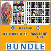Jim&Gloria 8 Dustless Hair Chalk Temporary Hair Dye Color + 32 Face Paint Colors Metallic, Neon, Classic & Makeup Brush