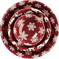Primitives by Kathy Bowl Set - Stoneware Set of 3 Red & White Snowflake & Deer Christmas Design
