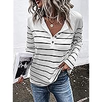 Women's Tops Sexy Tops for Women Shirts Raglan Sleeve Striped Half Button Tee Shirts (Color : White, Size : X-Large)
