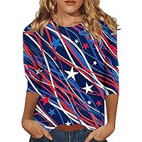 Fourth of July Shirts for Women American Flag Shirt 3/4 Sleeve Tops Trendy Crewneck Independence Day Festival Top