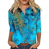 Womens 3/4 Sleeve Tops Blouses Casual Button Down Summer Shirts Loose Fit Three Quarter Length Sleeve T-Shirts Tunic