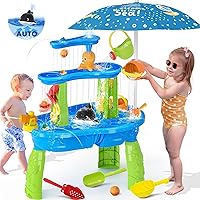 【2024 Newest】Auto Water-Absorbing Water Table for Toddlers 3-5, 3-Tier Kids Water Table with Umbrella Splash Pond, Outdoor Toys Sand and Water Table for Age 3+ Boys Girls, 20PCS Water Toy Accessories