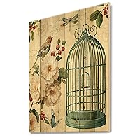 Blue Cottage Bird, Birdcage And Apple Blossoms Ii Traditional Wood Wall Decor, Multi-Color Wood Wall Art, Large Animals Wood Wall Panels Printed On Natural Pine Wood Art
