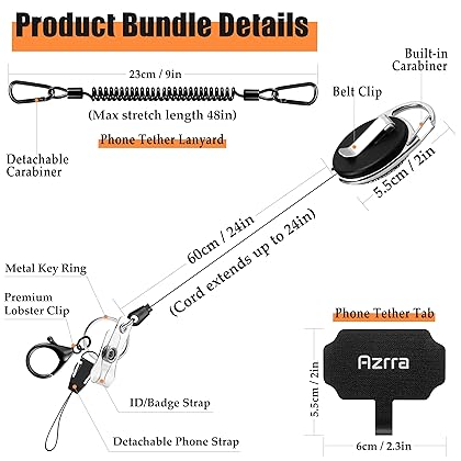 Azrra Theft and Drop Protection Phone Tether - 31” Safety Retractable Phone Clip, Anti-Drop Travel Clip, Universal Retractable Phone Lanyard with Carabiner and Phone Tether Tabs (Silver Bling, 1 Pack)