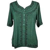 Agan Traders Women's Gypsy Boho Medieval Embroidered Tops - Button Down Stone Washed Short Sleeve Blouses for Women