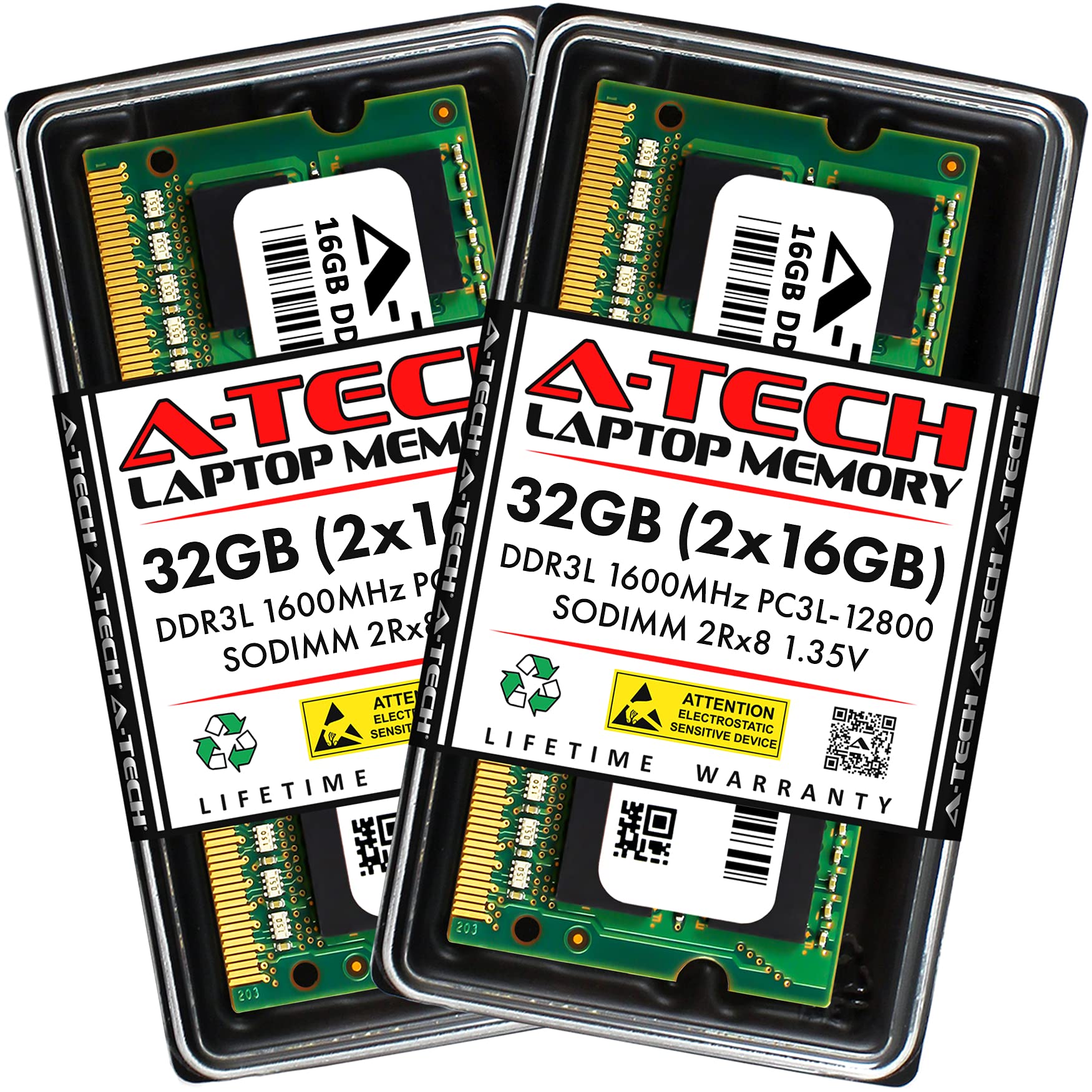 A-Tech 32GB (2x16GB) DDR3/DDR3L 1600MHz PC3L-12800 (PC3-12800) CL11 SODIMM 2Rx8 1.35V 204-Pin Non-ECC SO-DIMM Laptop RAM Memory Modules