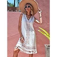 Dresses for Women - Geo Print Tassel Hem Tank Dress (Color : White, Size : Large)