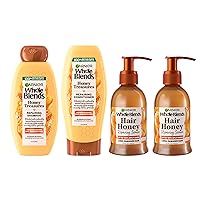Garnier Whole Blends Honey Treasures Repairing Shampoo (22 Fl Oz), Conditioner (22 Fl Oz) + Hair Honey Serum (2 Count) (5.1 Fl Oz) for Dry, Damaged Hair, (4 Items), Bundle (Packaging May Vary)