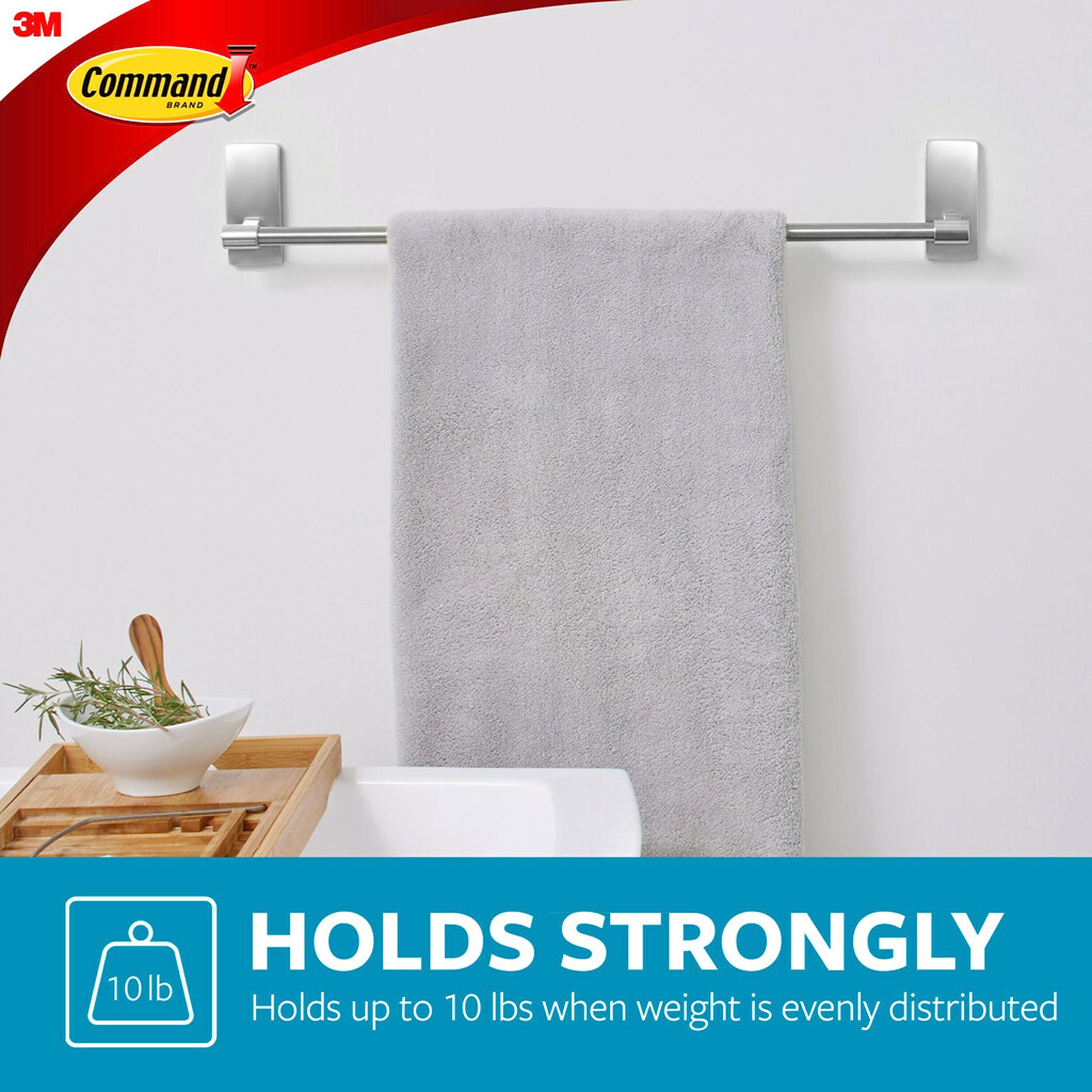 Command Bath Satin Nickel Towel Bar with Water Resistant Command Strips, Bathroom Organizer, 24 in Bar Length Holds up to 10 lbs