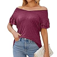 Womens Spring Short Sleeve Off The Shoulder Tshirts Soft Comfy Cotton Rayon Tops Loose Fit Basic Tunic Tees 2024
