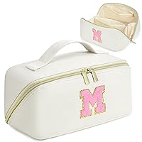 Initials Makeup Bag for Women, Personalized Cosmetic Bag PU Leather Travel Toiletry Bag for Teen Girls, Waterproof Makeup Organizer Large Make up Bag Birthday Gifts for Women Beige, M