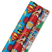 Hallmark Justice League Wrapping Paper Bundle with Cut Lines on Reverse (3 Rolls - 60 sq. ft. ttl) Wonder Woman, Batman, Superman, Flash, Green Lantern