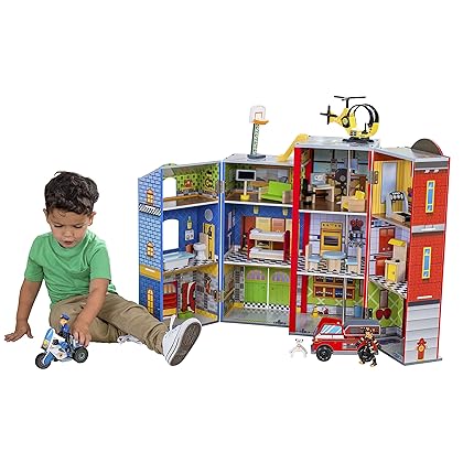 KidKraft Everyday Heroes Wooden Playset, 3-Story with 26-Piece Accessories, Foldable for Storage