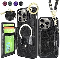 Harryshell Crossbody Magnetic Wallet Case for iPhone 15 Pro Max Compatible with MagSafe Wireless Charging Protective Phone Cover Card Slots Holder Kickstand Wrist Strap (Black)