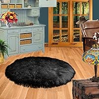 Black Shag Area Rug - Round - Premium Shaggy Faux Fur Sheepskin - Fur Accents Original USA (6' Diameter)